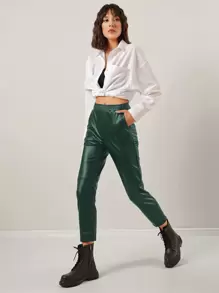 EURMUSE Solid Elastic Waist PU Leather Pants - Dark Green - View 6