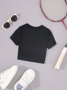 SHEIN Young Girl Solid Cross Waist Active Tee - Black - View 2