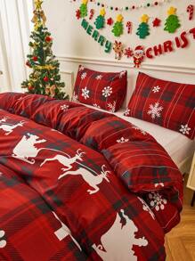 3pcs Christmas Red Plaid & Snowflake Pattern Printed Polyester Duvet Cover Set