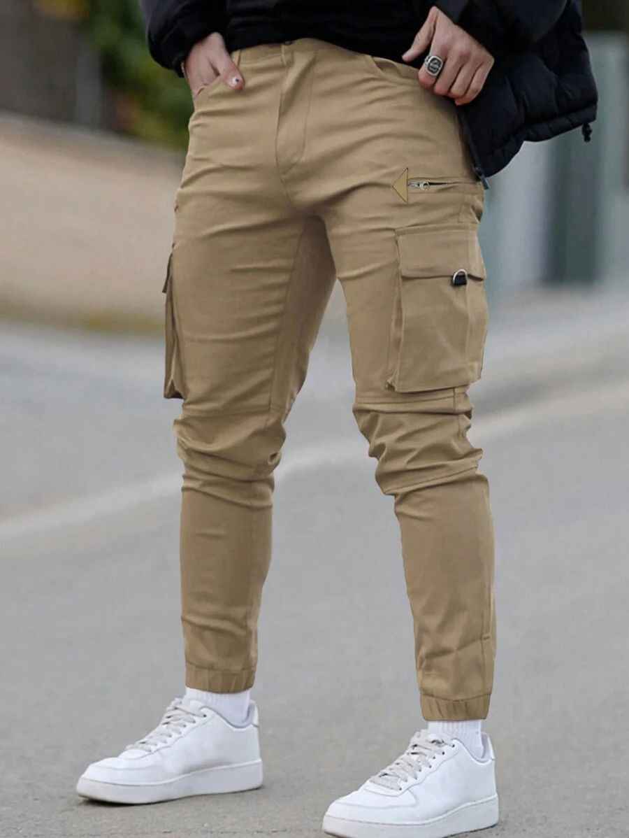 Manfinity 男士側翻蓋口袋工裝褲 - 卡其色 - 查看 1