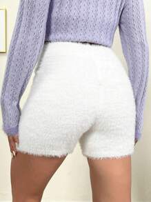 SHEIN Qutie Chất rắn Đan mềm mại Quần short - trắng - Xem 2