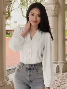 DAZY Pearls Beaded Lantern Sleeve Button Front Satin Blouse,Long Sleeve Tops,Fall Clothes - White - View 5