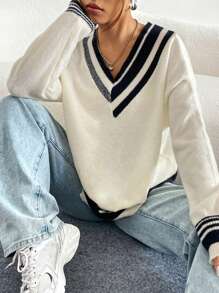 Striped Trim Drop Shoulder Sweater - Beige - View 1