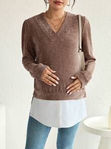 SHEIN Maternity 2 In 1 V Neck Sweatshirt, For Winter - Khaki - View 3