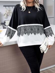 Calvaya 撞色拼接睫毛蕾丝落肩卫衣，适合毕业季、返校季、教师节等场合，秋冬新款。 - 黑與白 - 查看 4