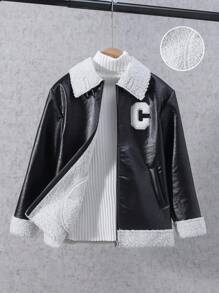 SHEIN Teenager Jungen Mantel aus PU Leder mit Buchstabenaufnäher und Teddyfutter ohne Pullover