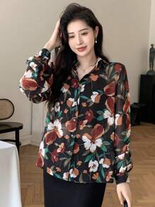 DAZY Camisa de manga larga con botones y estampado floral, atuendo de vacaciones para mujeres - Negro - Ver 5