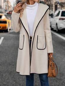 EMERY ROSE 撞色滾邊連帽腰帶花呢外套 - 杏色 - 查看 4