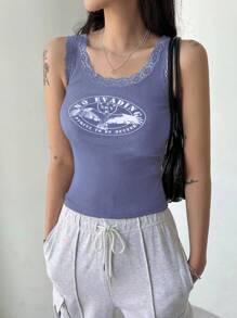 DAZY Đồ họa đại bàng và chữ cái Trang trí ren Áo ba lỗ - Màu xanh nhạt - Xem 5