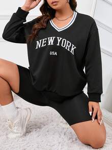 SHEIN EZwear Plus Letter Embroidery Striped Trim Drop Shoulder Sweatshirt - Black - View 3