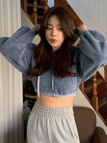 Dazy Tall Panel Tương phản Thả vai Dây rút Mùa vụ Flannelette Áo khoác - Màu xanh bụi bặm - Xem 3