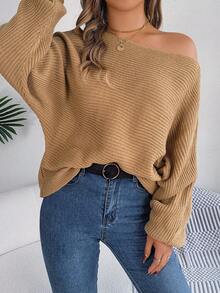 Asymmetrical Neck Rib Knitted Batwing Sleeve Sweater For Autumn - Khaki - View 6