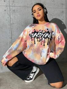 SHEIN EZwear Plus Tie Dye Letter Graphic Drop Shoulder Sweatshirt - Multicolor - View 1
