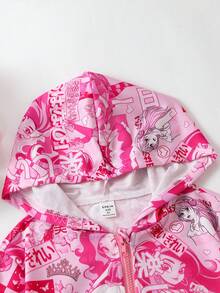 SHEIN Tween Girl Pop Art Print Zip Up Hooded Jacket - Pink - View 5