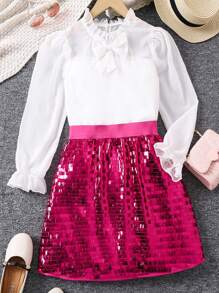 SHEIN 女大童前蝴蝶結襯衫&半身裙 - 玫紅色 - 查看 7