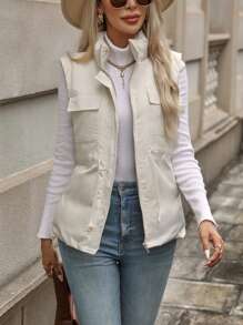 Chiquease Flap Pocket Drawstring Waist Zipper Vest Padded Coat Clothes Winter - Apricot - View 3