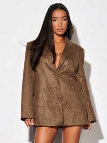 SHEIN BAE 秋冬复古棕色做旧纹理皮革宽松西装外套 - 棕色 - 查看 3