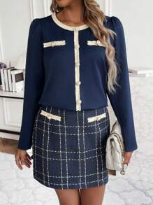 SHEIN Clasi Contrast Trim Button Detail Blouse & Plaid Print Skirt - Navy Blue - View 4