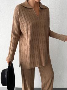 EURMUSE Solid Drop Shoulder Sweater & Knit Pants - Brown - View 5