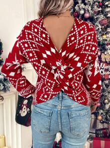 SHEIN LUNE Christmas Geo Pattern Twist Back Drop Shoulder Sweater Knit Pullover Fall Winter Outfit