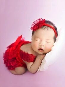 SHEIN Baby Girl Contrast Lace Bow Front Bodysuit & Headband Photo Outfit - Red - View 7