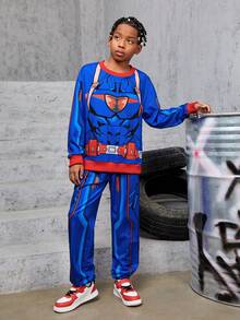 Tween Boy Cartoon Graphic Contrast Trim Drop Shoulder Pullover & Sweatpants - Blue - View 5
