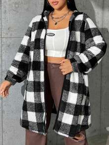 SHEIN EZwear Hơn In kẻ sọc Buffalo Thả vai áo có mũ Lông cừu áo - Đen và trắng - Xem 5