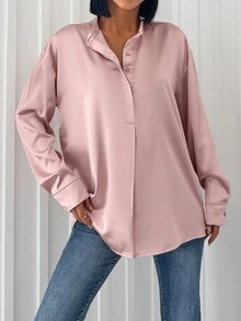 SHEIN Cottnline Solid Button Front Drop Shoulder Shirt - وردي صدئ - مشاهدة 3