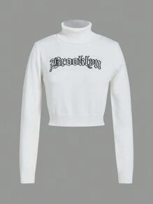 SHEIN EZwear Áo len crop cổ lọ họa tiết chữ - trắng - Xem 1