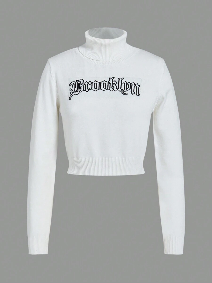 SHEIN EZwear Áo len crop cổ lọ họa tiết chữ - trắng - Xem 1