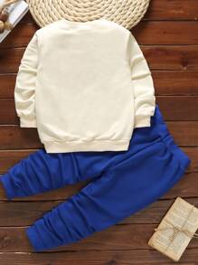 SHEIN Explorewe 男小童小熊刺繡補丁貼連帽夾克和運動褲&T恤 - 藍色 - 查看 4