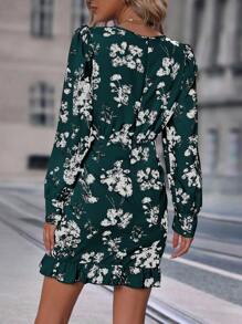 SHEIN Clasi Floral Print Knot Side Ruffle Trim Wrap Hem Dress