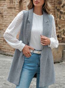 EMERY ROSE Houndstooth Print Lapel Neck Vest Overcoat - Black and White - View 1