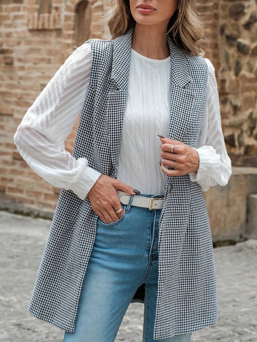 EMERY ROSE Houndstooth Print Lapel Neck Vest Overcoat - Black and White - View 1