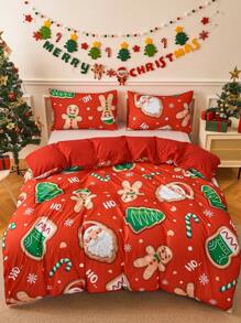 3 piezas Set colcha rojo poliéster Navidad temático con Papá Noel , hombre de pan de jengibre , con con estampado de árbol - Rojo - Ver 7