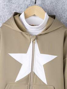 SHEIN 少女星形印花拉链落肩卫衣（不含T恤） - 卡其色 - 查看 3