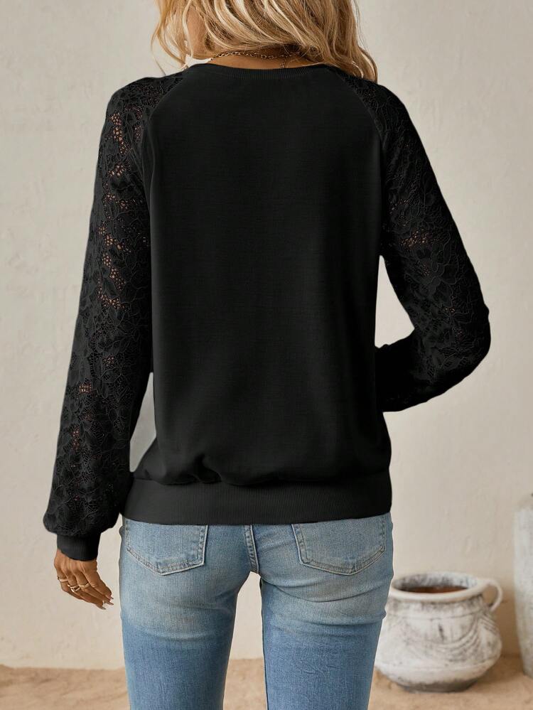 Contrast Lace Raglan Sleeve Sweatshirt,Long Sleeve Tops Graduation,Back To School Outfits,Graduation,Teacher Outfits For Women,Back To School In Fall/Winter