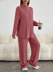 SHEIN 孕婦小高領落肩T恤&可調節腰圍長褲 - 紅木色 - 查看 4