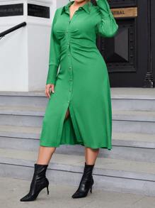 SHEIN Privé Plus Ruched Button Front Shirt Dress - Green - View 5