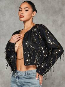 SHEIN BAE 聖誕開門襟短款亮片夾克 - 黑色 - 查看 4