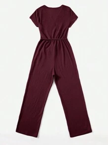 SHEIN LUNE 素色腰帶闊腿圍裹連身褲