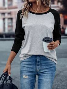SHEIN LUNE Colorblock Raglan Sleeve Tee Graphic Tees Women Tops Fall Cloth For Women - Multicolor - View 6