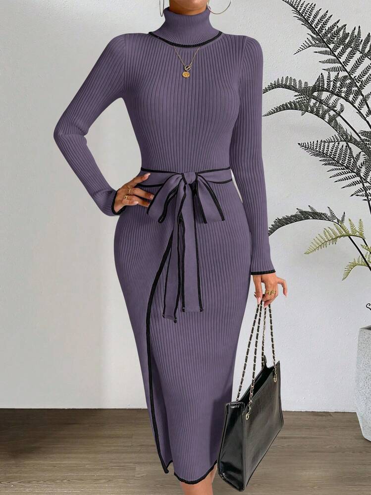 SHEIN Clasi Contrast Binding Turtleneck Belted Sweater Dress Fall Winter Cloth For Women - Purple - View 5
