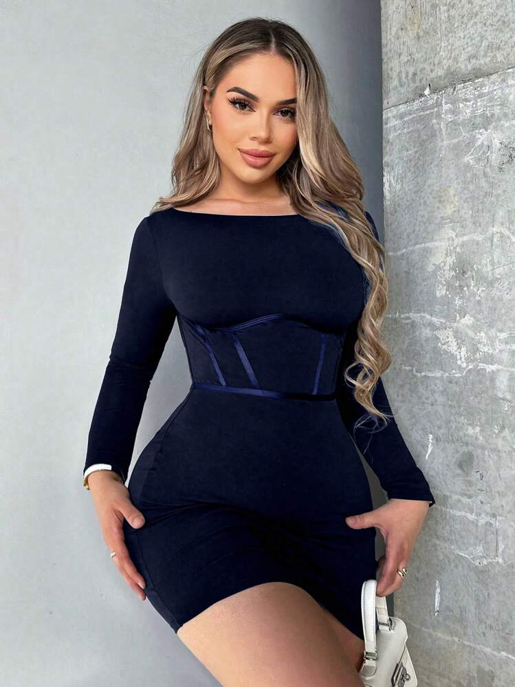 Allurite Solid Boat Neck Bodycon Dress - Navy Blue - View 3