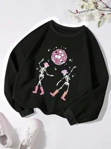 SHEIN Unity 大碼骷髅圖案加絨內裏運動衫 - 黑色 - 查看 1