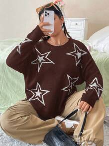 Flirla Talla grande Jersey con patrón de estrella de hombros caídos - Café integral - Ver 1