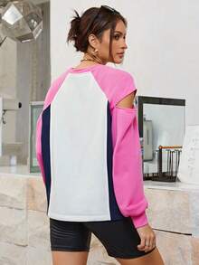 SHEINNeu Letter Graphic Colorblock Cut Out Raglan Sleeve Sweatshirt - Multicolor - View 2