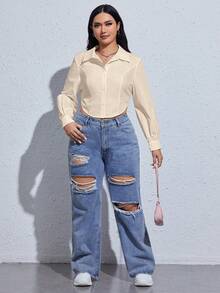 SHEIN EZwear 大碼素色前紐扣襯衫 - 杏色 - 查看 4