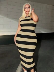 SHEIN SXY Hơn Mẫu sọc Đầm Áo len - Màu be - Xem 4