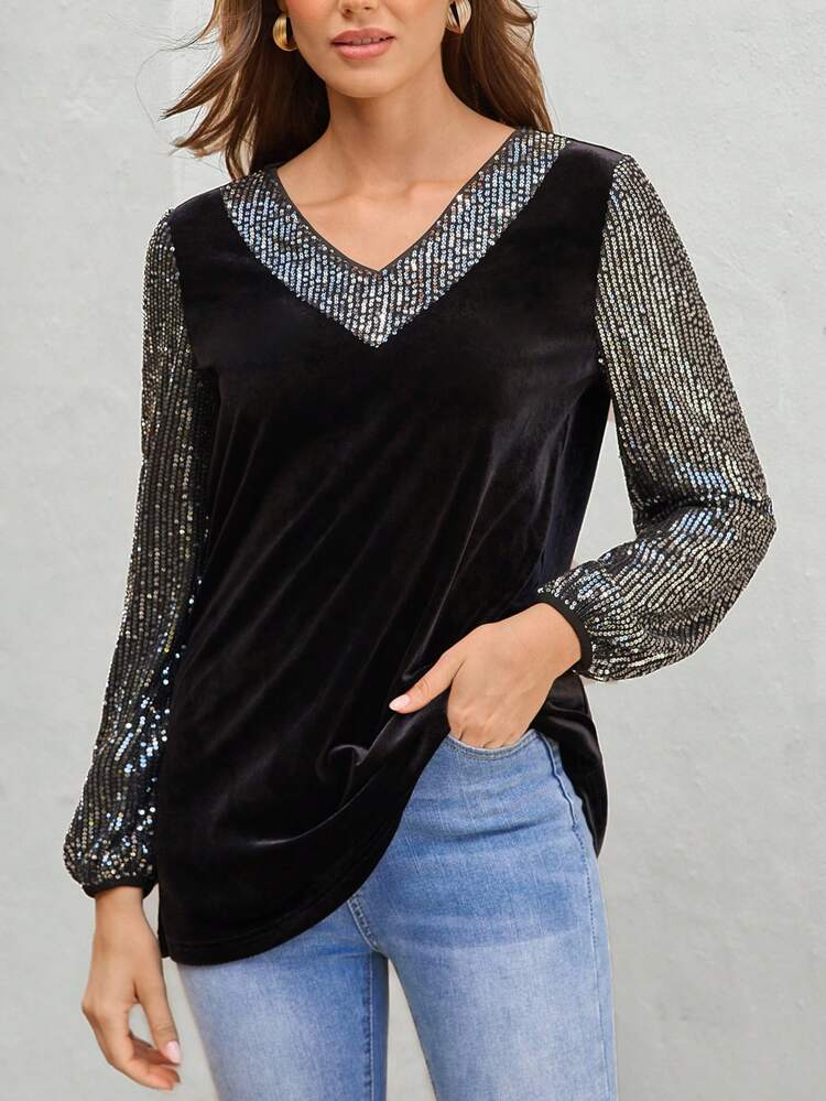 Contrast Sequin Lantern Sleeve Velvet Top